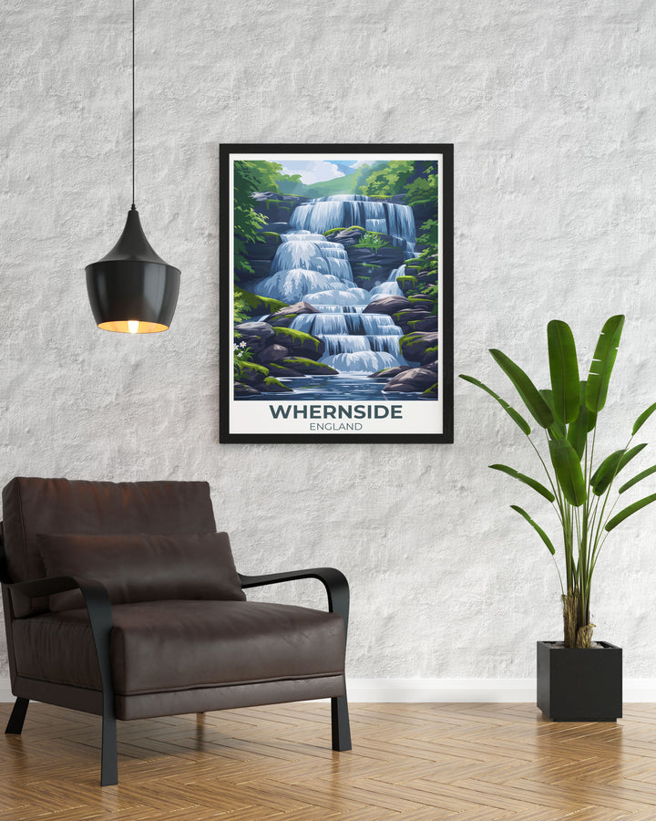 Timeless framed art depicting the serene beauty of Force Gill Waterfall, Yorkshire. The vibrant colors and detailed illustrations highlight the tranquil atmosphere, making it a perfect addition to any room.