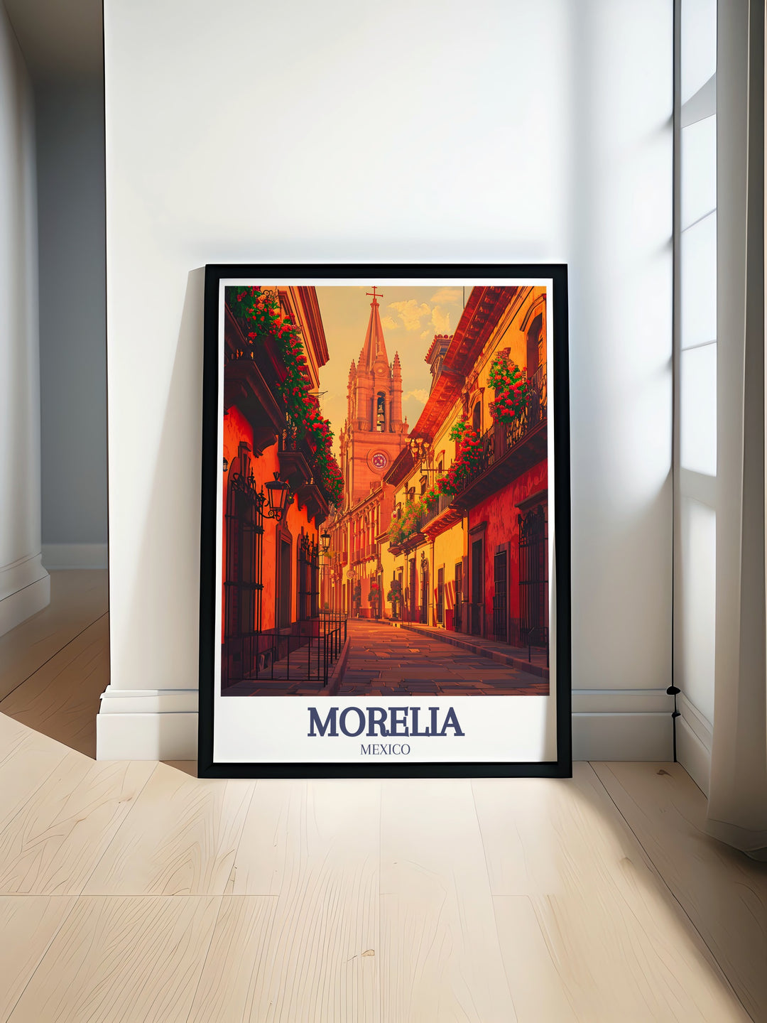 Highlighting the Morelia Cathedral’s stunning twin spires and the colorful alleyways of the city, this travel poster offers a unique view of Morelia’s most cherished landmarks. A great addition for anyone looking to explore the cultural beauty of Mexico.