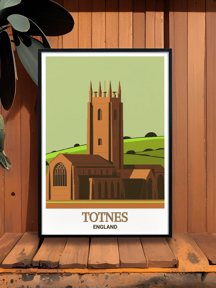 St. Marys Church in Totnes travel poster, showcasing the Gothic architectural beauty and historic significance of this landmark. A perfect piece for enhancing your home decor with a touch of English elegance and charm. Ideal for gifting.