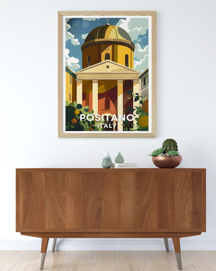 The Chiesa di Santa Maria Assunta artwork capturing the beauty of Positano and Spiaggia Grande perfect for wall decor enhancing any living space with the elegance of Italian architecture and the stunning scenery of the Amalfi Coast