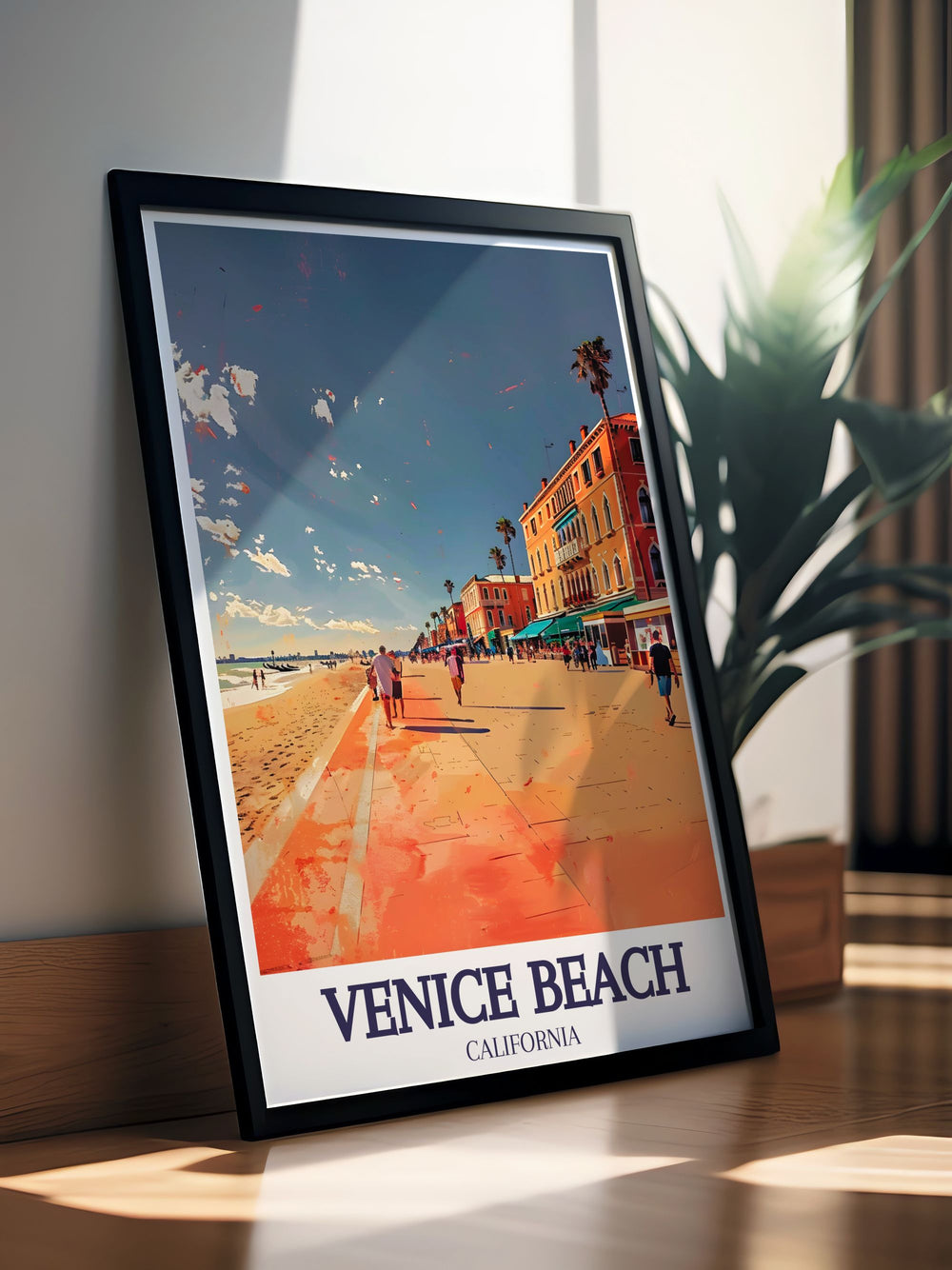 Vibrant Venice Beach Poster Print capturing the colorful energy of the famous boardwalk, complete with street performers, murals, and the Pacific Ocean in the background. This travel print is perfect for modern home decor or as a unique beach themed gift.