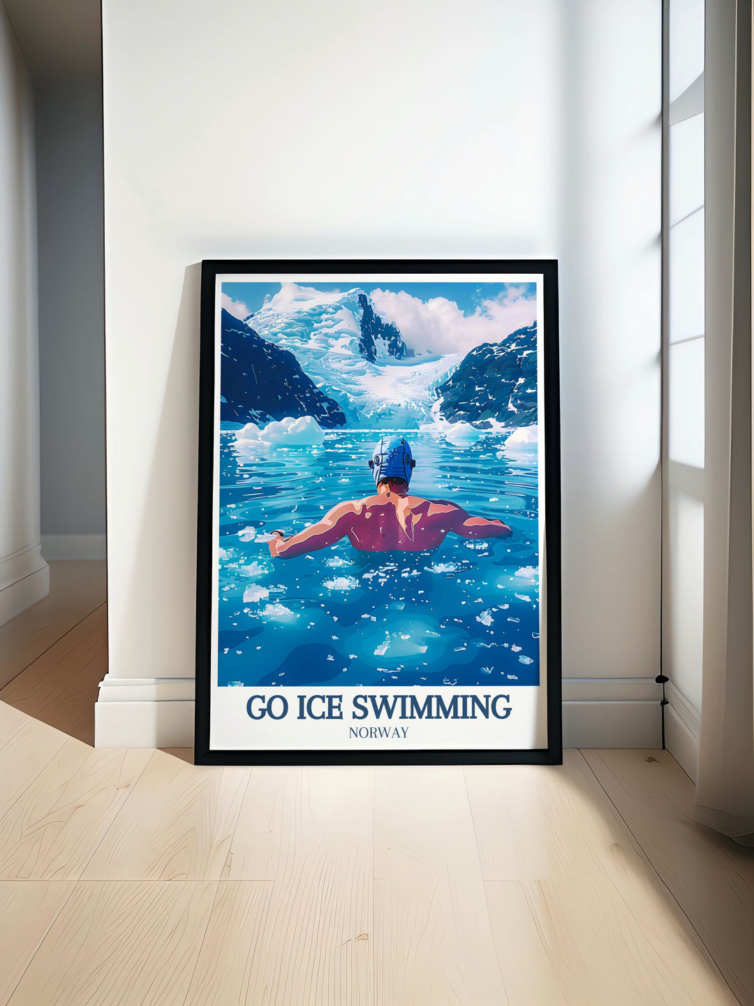 Vintage poster of swimmers in the Lofoten Islands, celebrating the timeless appeal and serene beauty of one of Norways most cherished destinations, perfect for nostalgic and nature themed decor.
