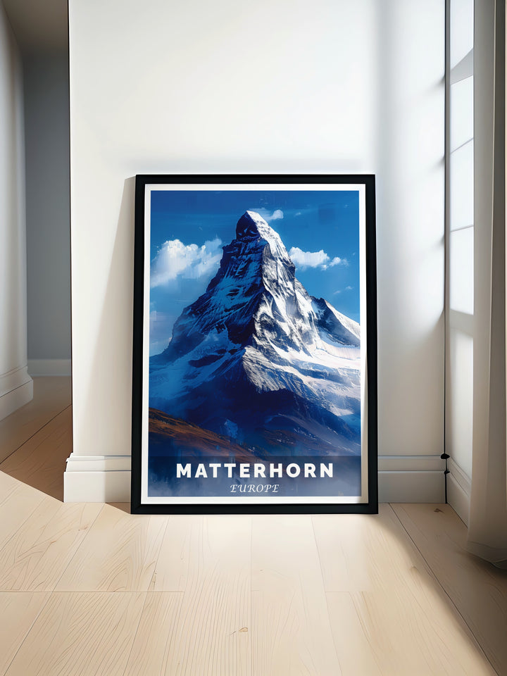 Matterhorn Poster Print featuring stunning Swiss Alps landscape and snowboarding art ideal for mountain modern decor and stylish home gifts