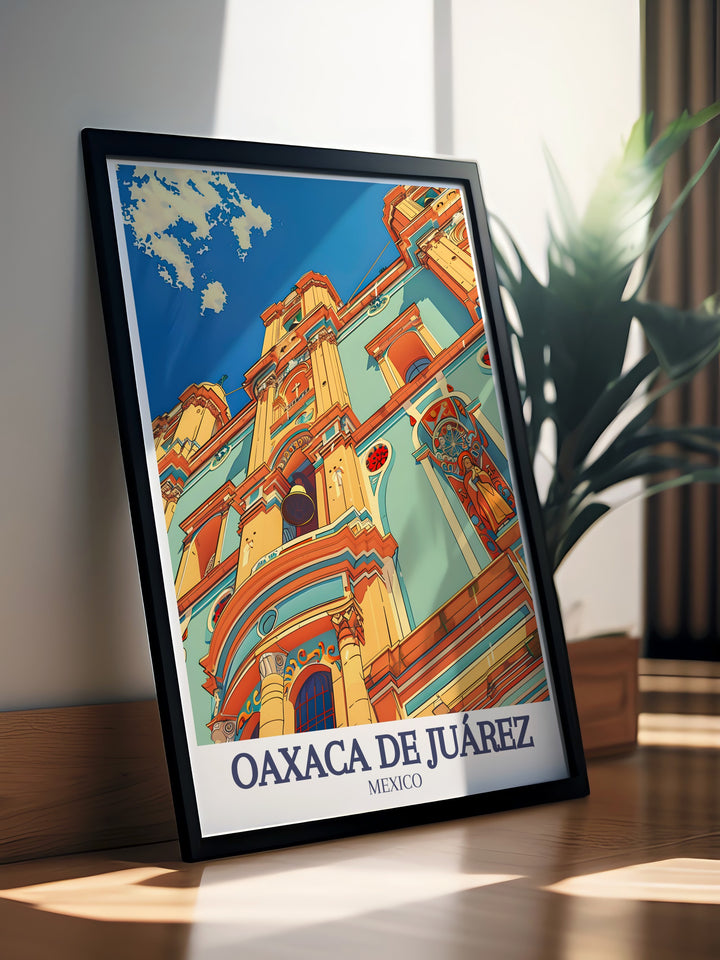 Capturing the vibrant cultural heritage of Oaxaca de Juárez, this travel print highlights the stunning Santo Domingo Church in the heart of the Centro district. A beautiful representation of Baroque architecture, this artwork is perfect for anyone looking to bring a piece of Mexicos history into their home.