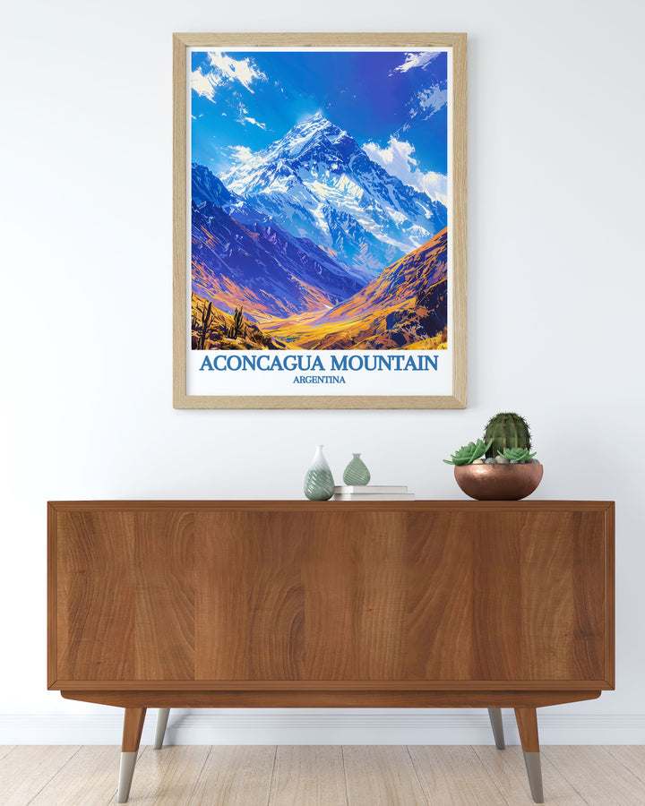 Add a touch of exploration to your decor with this retro travel poster of Aconcagua Mountain in Mendoza Argentina showcasing the iconic Andes.