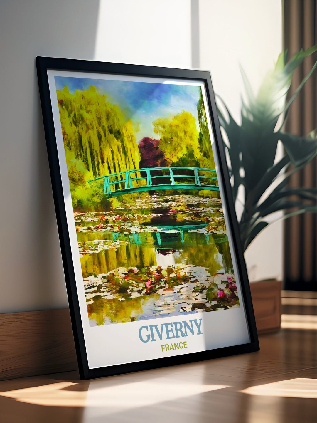 Celebrate the beauty of Giverny with this Water Lily Pond art print. The serene scene, complete with Monets famous Japanese Bridge, brings a touch of French elegance and tranquility to your home or office decor.