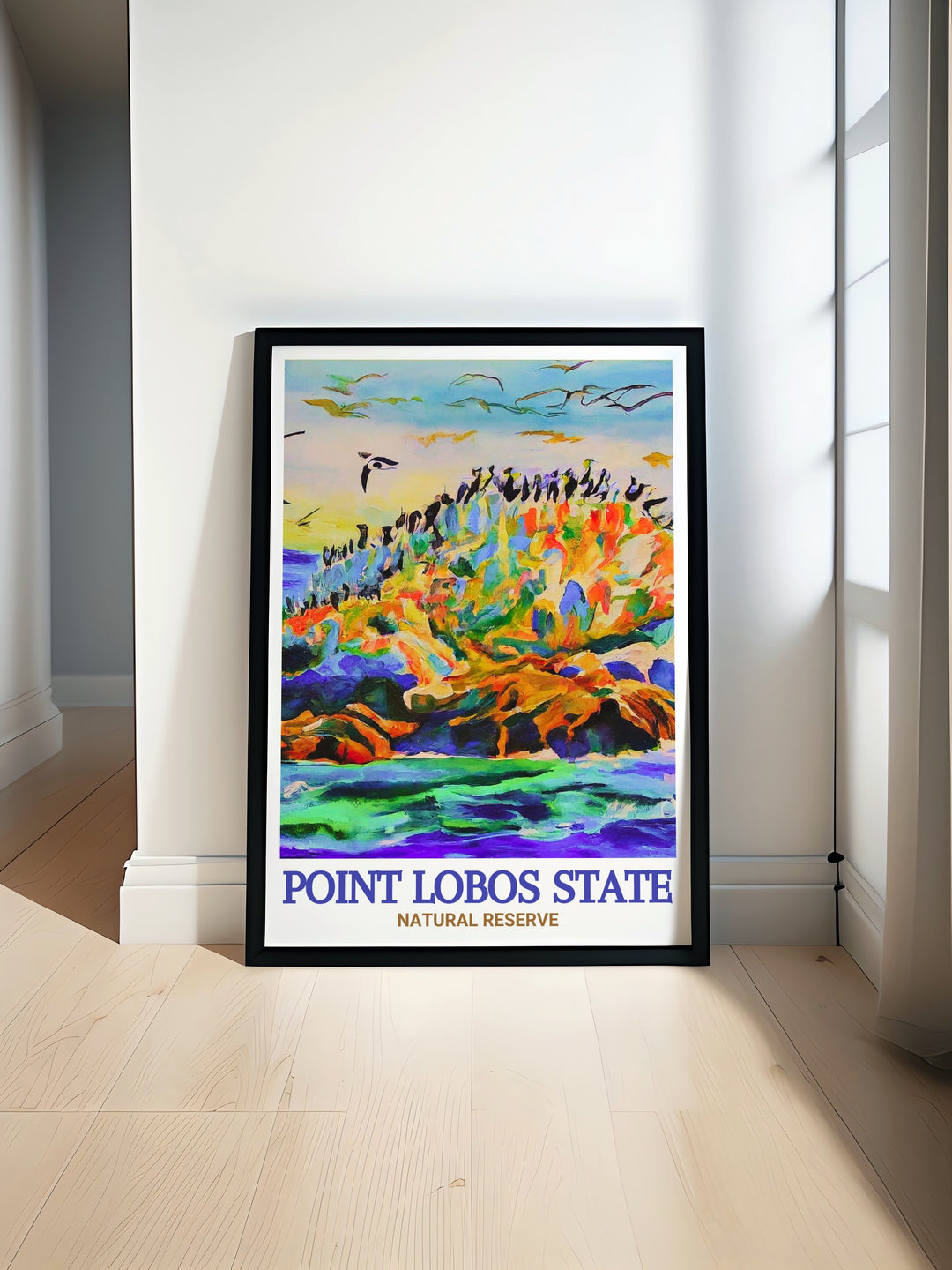 Travel print of Point Lobos, focusing on the serene beauty of the State Natural Reserve and the wildlife rich Bird Island. This artwork is a perfect way to celebrate the natural wonders of California in your home.