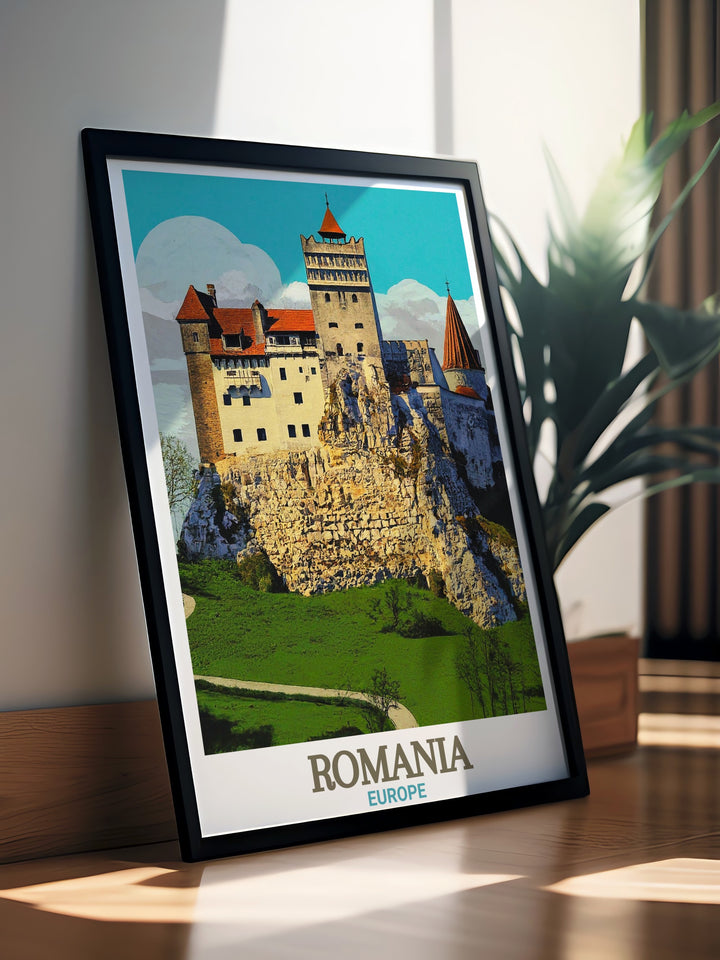 A beautiful depiction of Bran Castle in Romania, set against the rolling hills of Transylvania. This poster print showcases the intricate architecture of the castle, evoking the historic charm and mystique that surrounds this famous landmark. Ideal for history lovers and travelers alike.