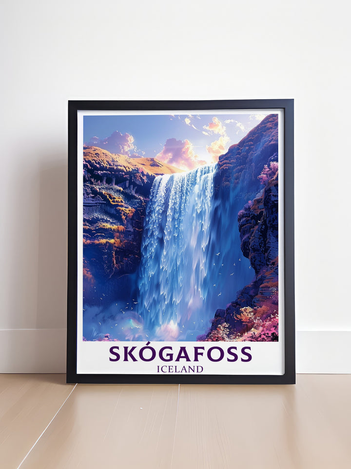 Skogafoss Waterfall Poster Print featuring the powerful waterfall and scenic cliffs of Iceland offering a unique glimpse into the natural beauty of the Golden Circle and Reykjavik region ideal for those seeking Waterfall Stunning Living Room Decor and Iceland Poster Art to elevate their interior design