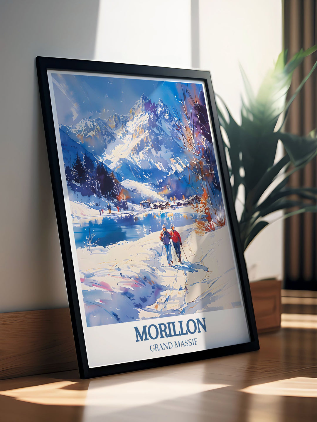 Flaine print highlighting the beauty of Morillon village Le Lac Bleu a wonderful addition to any living room decor offering a blend of classic and modern aesthetics