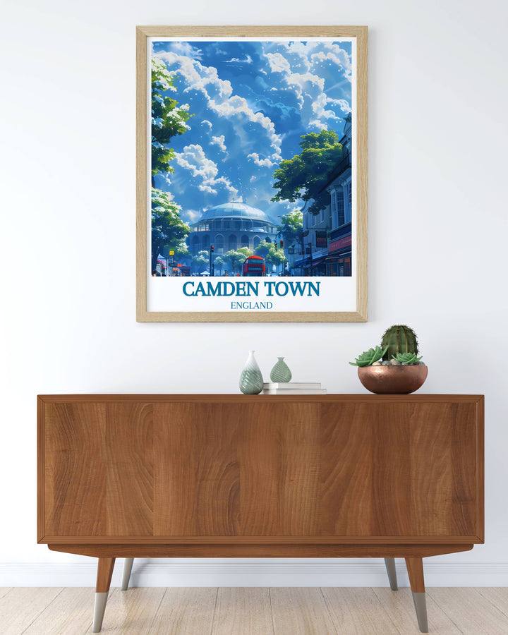 Detailed Camden London print capturing The Roundhouse and the bustling atmosphere of Camden Market a unique artwork that brings the lively spirit of Camden Town into your living space.