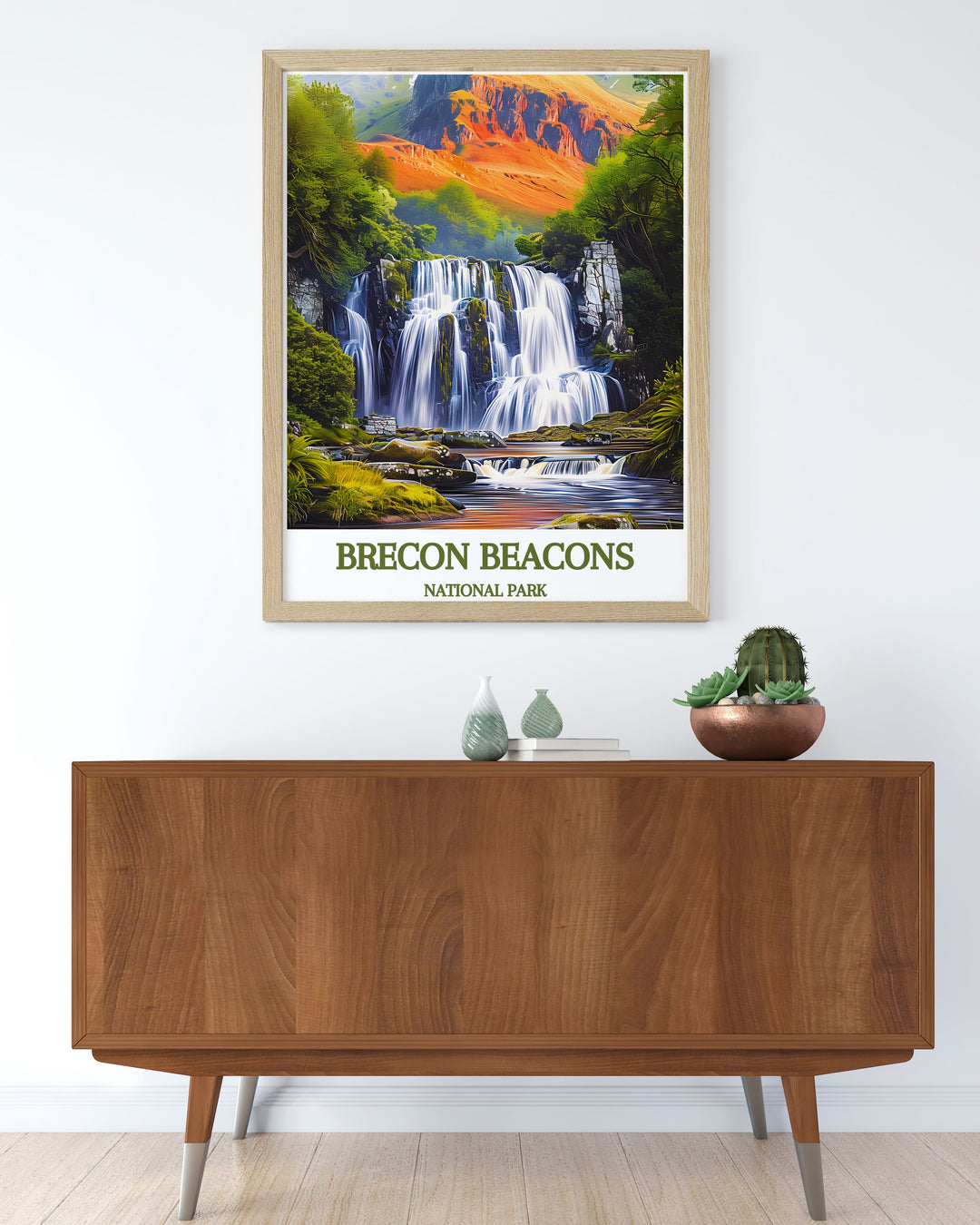 Vintage inspired poster of Brecon Beacons National Park, celebrating the diverse landscapes and natural heritage of South Wales. This artwork blends retro charm with contemporary design, capturing the timeless beauty of the park.