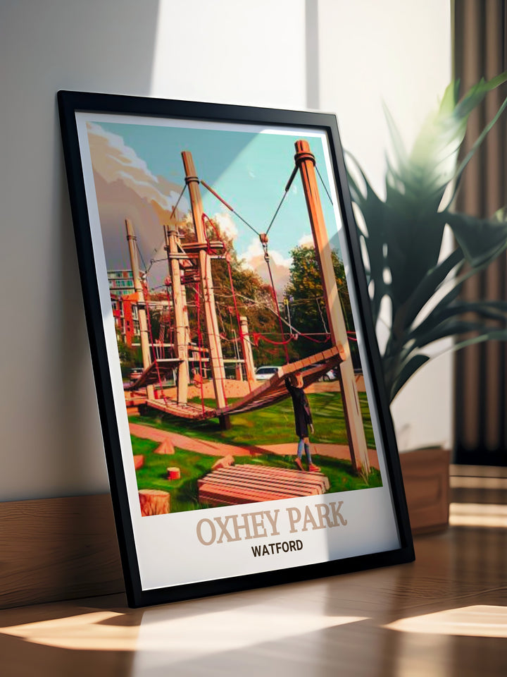 Oxhey Park Playground Modern Prints are ideal for anyone looking to enhance their living space with stunning Watford Travel Prints featuring the River Colne Oxhey and the rich landscapes of Bushey and Oxhey areas perfect for elegant home decor.