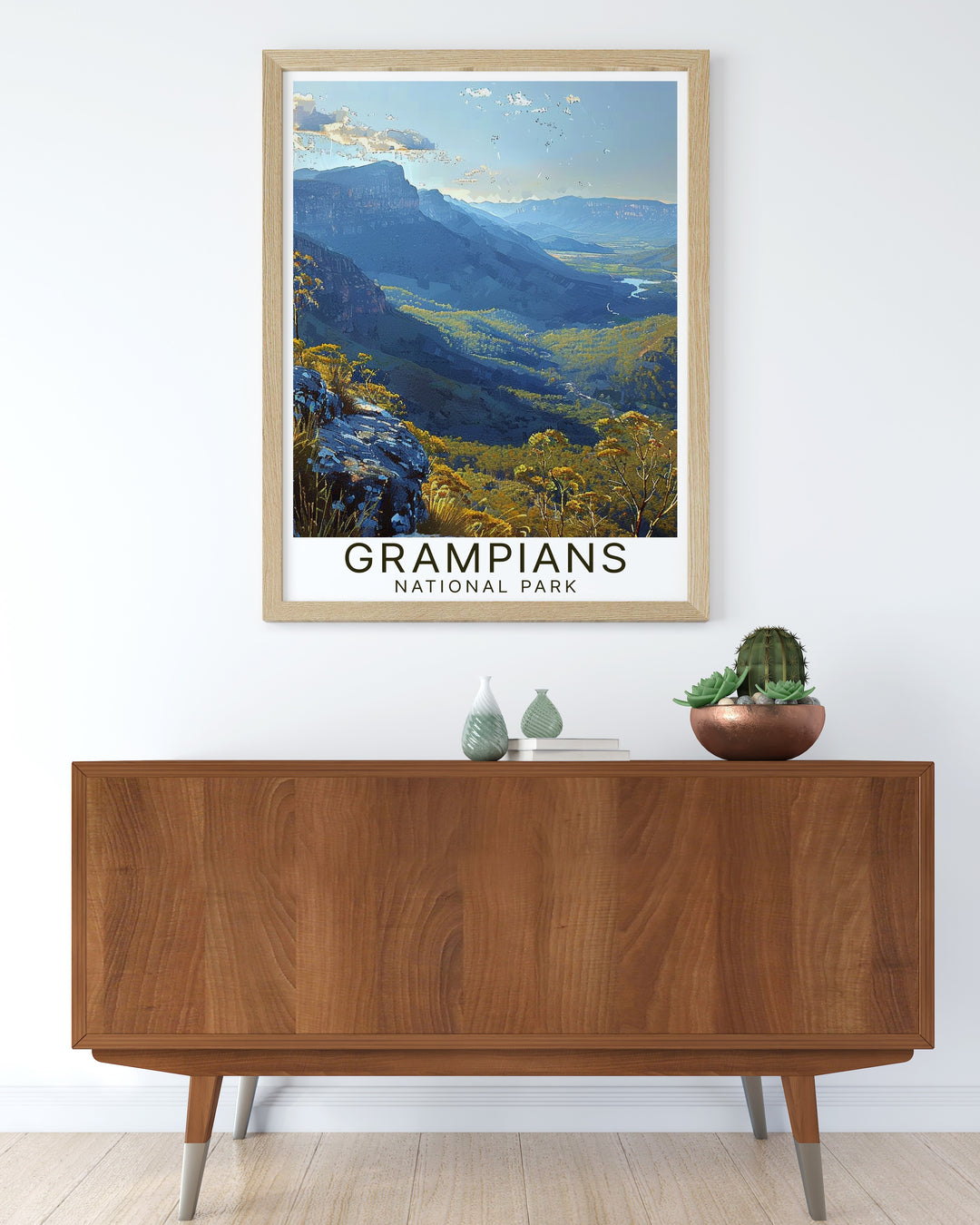 This Grampians National Park wall art celebrates Australias rugged landscapes. Featuring the famous Boroka Lookout, the print captures the expansive beauty of the Grampians and is perfect for those who love nature, travel, and adventure. This wall art brings the serene charm of the Australian wilderness to your home.