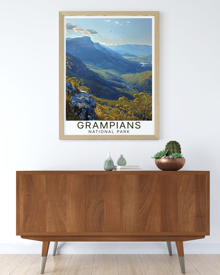 This Grampians National Park wall art celebrates Australias rugged landscapes. Featuring the famous Boroka Lookout, the print captures the expansive beauty of the Grampians and is perfect for those who love nature, travel, and adventure. This wall art brings the serene charm of the Australian wilderness to your home.