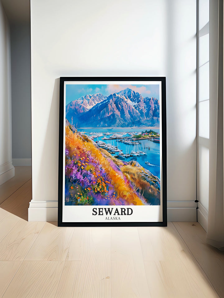 Captivating Seward art print depicting the striking Kenai Mountains and the harbors busy life. The print reflects the rugged charm and adventurous spirit of Alaska, making it an ideal piece for anyone who loves the wild landscapes of the North