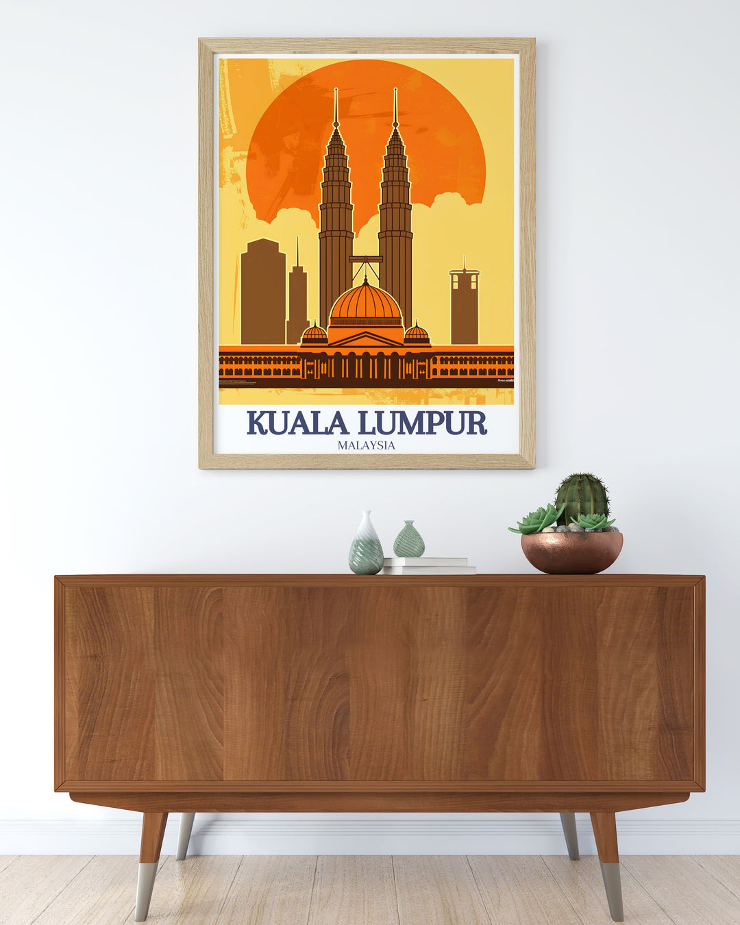 Kuala Lumpur framed art featuring the Sultan Abdul Samad Building and the Petronas Twin Towers. The travel print beautifully captures the architectural legacy of Malaysia, making it a thoughtful gift for anyone who loves exploring world cities and their landmarks.