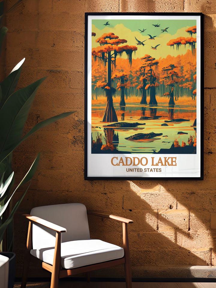 Caddo Lake Poster featuring Texas Wall Art with Alligator Bayou scenes perfect for creating a relaxing atmosphere in your home offering Texas Artwork that combines the tranquility of Caddo Lake and the mysterious allure of Alligator Bayou a great Texas Gift option