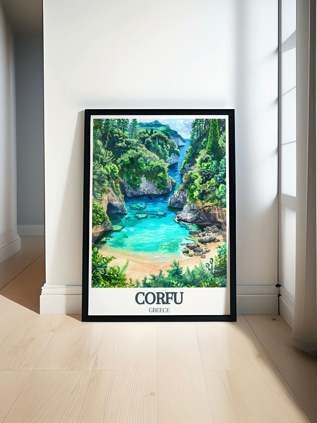 Paleokastritsa Beach Ionian Sea print showcasing the serene landscape and crystal clear waters perfect for Corfu decor enthusiasts and travel art collectors looking to capture the beauty of Corfu Greece Island and add a touch of Mediterranean charm to any space