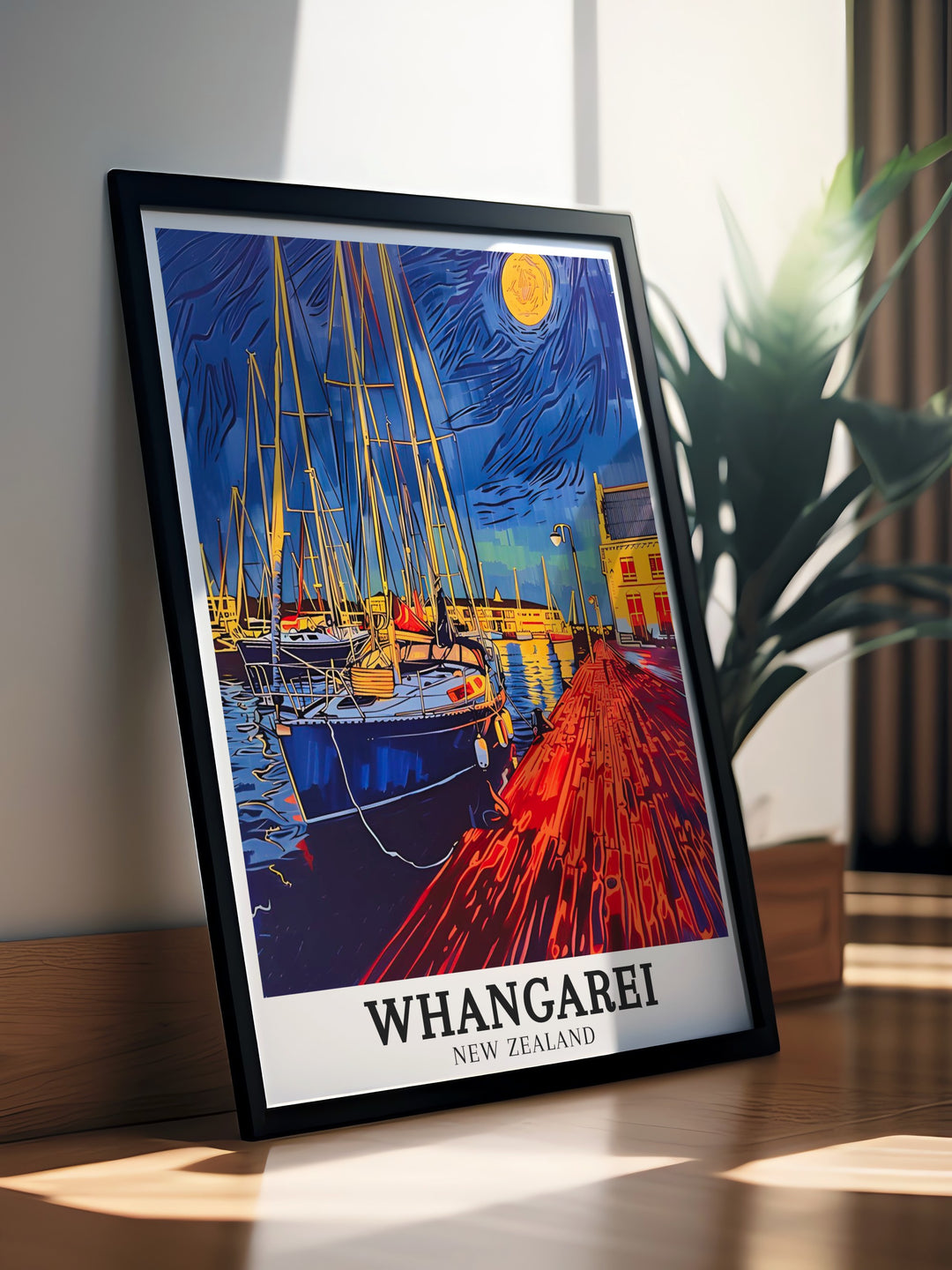 Whangarei Town Basin Travel Poster featuring a captivating depiction of the lively waterfront area and the surrounding lush greenery. This New Zealand wall art brings the charm of Whangarei Town Basin into your home, making it a perfect gift for coastal enthusiasts.