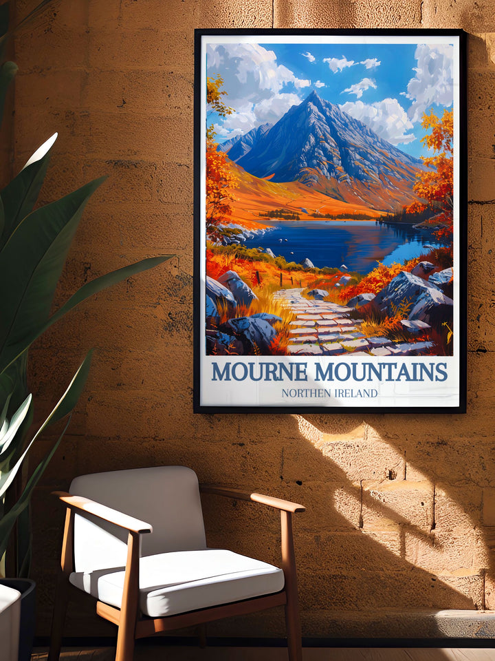 Bring the essence of Irelands natural gems into your home with this travel poster of the Mourne Mountains, capturing their scenic beauty and natural charm, ideal for any adventure lover.