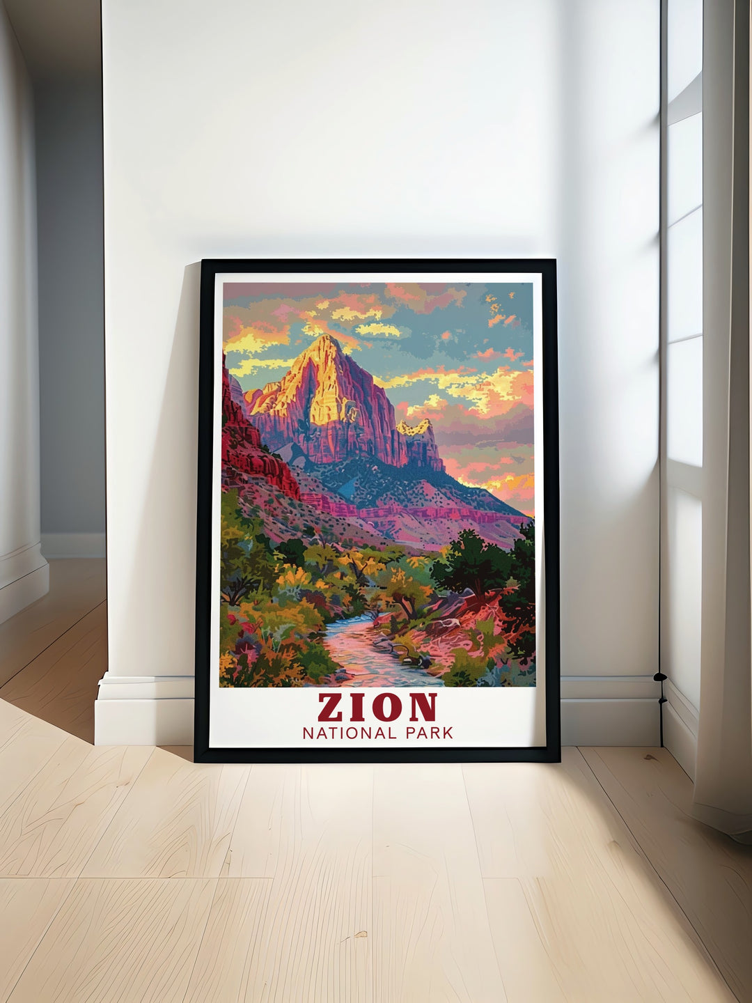 A framed art piece featuring The Watchman, showcasing its towering presence in Zion National Park. This artwork is a visual tribute to the parks natural beauty, ideal for any wall.