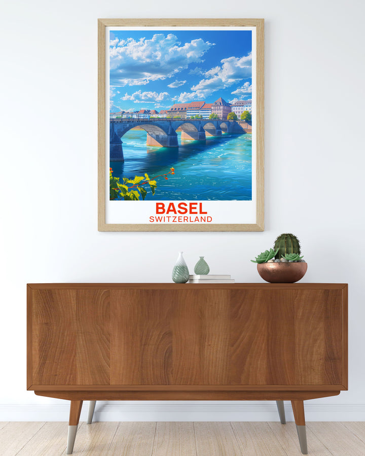 Captivating Mittlere Brucke illustration in vibrant colors showcasing the stunning details of Basel Switzerlands famous bridge perfect for home decor adds a touch of sophistication and cultural richness ideal for art and travel enthusiasts looking for unique wall art