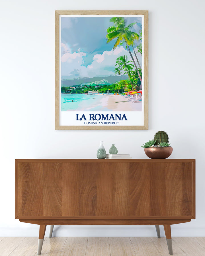 Experience the beauty of the Caribbean with this Saona Island wall art. The art print captures the essence of island living, with the white sands of La Romana and the bright blues of the Caribbean Sea. Ideal for tropical inspired decor and anyone who loves island getaways.