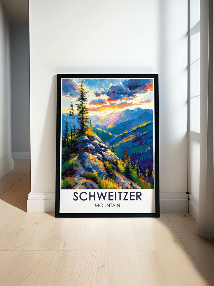 This Schweitzer Mountain Poster Print showcases Idahos stunning Schweitzer Mountain summit, capturing the essence of winter sports and outdoor adventure. Perfect for ski enthusiasts and nature lovers, this artwork highlights the breathtaking views of Lake Pend Oreille and the snow capped peaks, making it an ideal piece for any home or office.