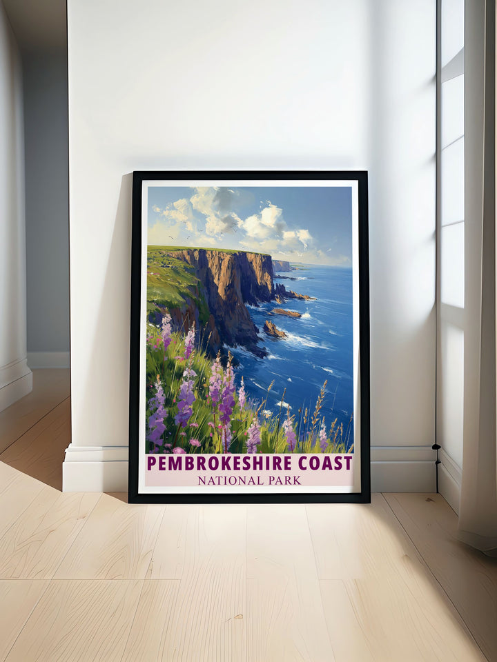 Coastal cliffs travel poster showcasing the stunning beauty of Pembrokeshire Wales with vibrant colors and elegant Art Deco style perfect for lovers of vintage travel art and UK national parks making it an ideal addition to any home decor or office space.