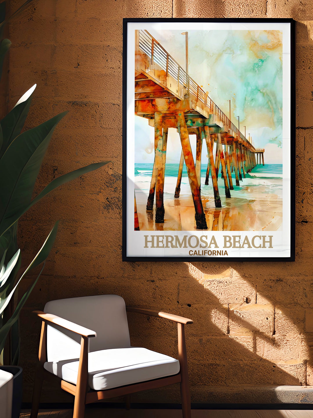 Hermosa Beach Pier in all its glory, captured in this stunning travel print. The artwork brings the beauty of Californias coast to life, perfect for those who love the ocean and want to incorporate the beach into their home décor.