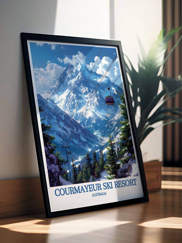 Highlighting the serene vistas of the Italian Alps and the vibrant skiing culture of Courmayeur, this travel poster is perfect for those who appreciate the scenic and adventurous richness of Italy.