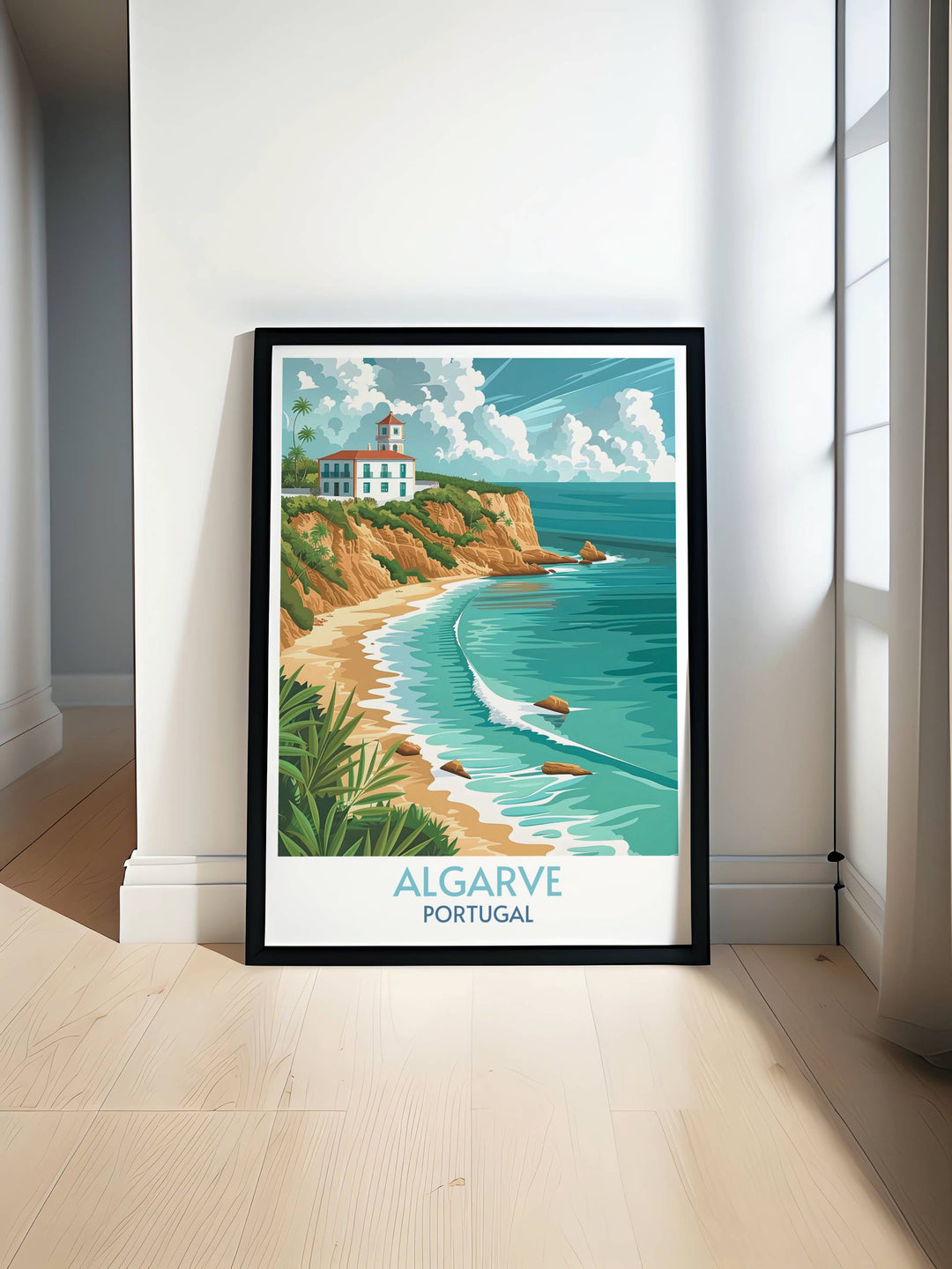 Algarve Beaches print showcasing golden sands and crystal clear waters perfect for home decor or a thoughtful gift. This elegant wall art brings the beauty of the Algarve coastline into your living space.