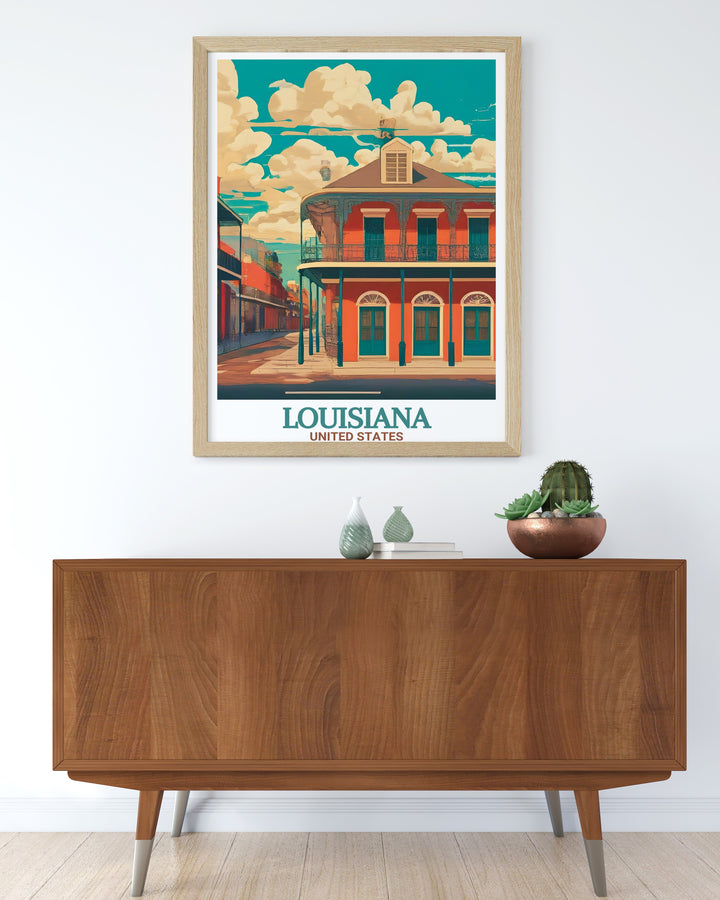 This travel print captures the essence of New Orleans French Quarter with its iconic wrought iron balconies and historic buildings. Perfect for lovers of architecture and travel, this art print brings the lively spirit of Louisiana into any space.