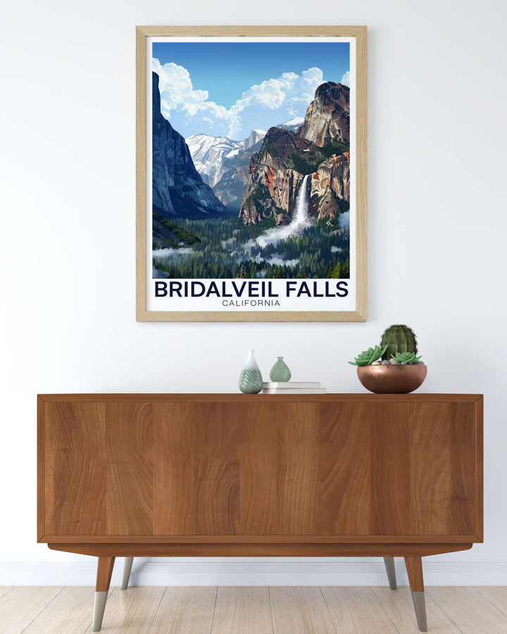 Scenic View from Tunnelview Bridalveil Falls print perfect for enhancing your California decor collection. This California travel artwork captures the beauty of one of the states most famous waterfalls making it a perfect addition to any home or office.