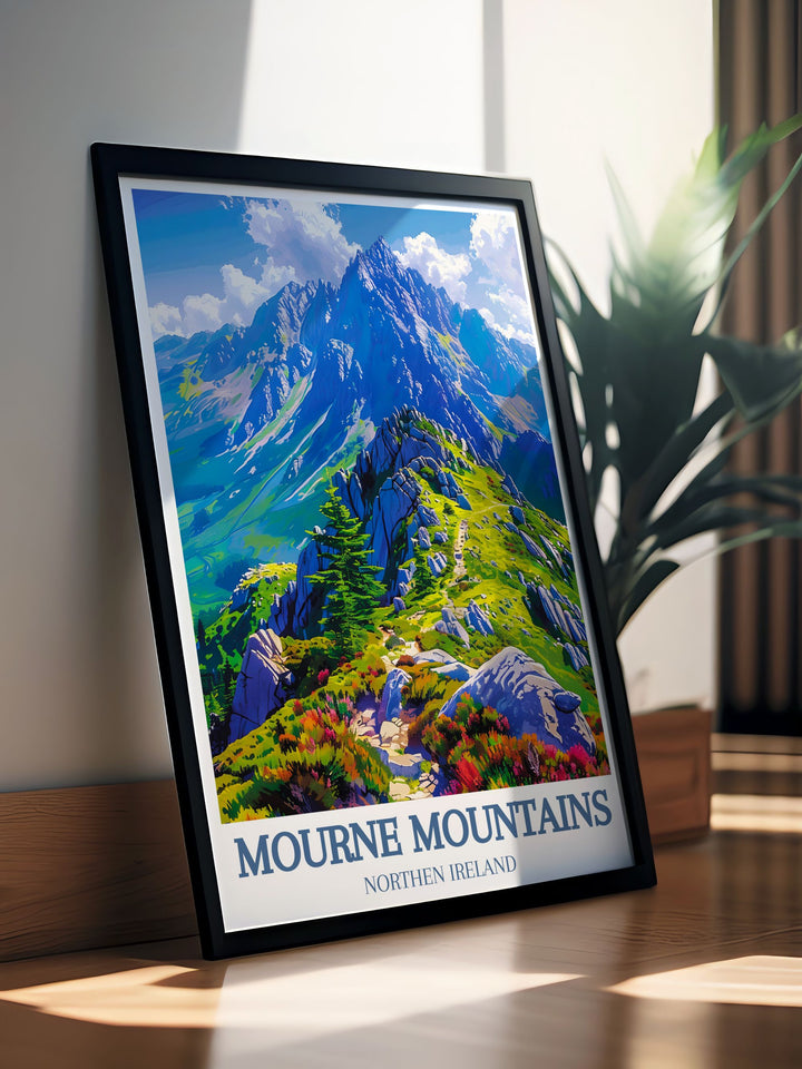Featuring the scenic views of the Mourne Mountains, this poster offers a visual representation of one of Irelands most beautiful natural landmarks, ideal for nature and travel enthusiasts.
