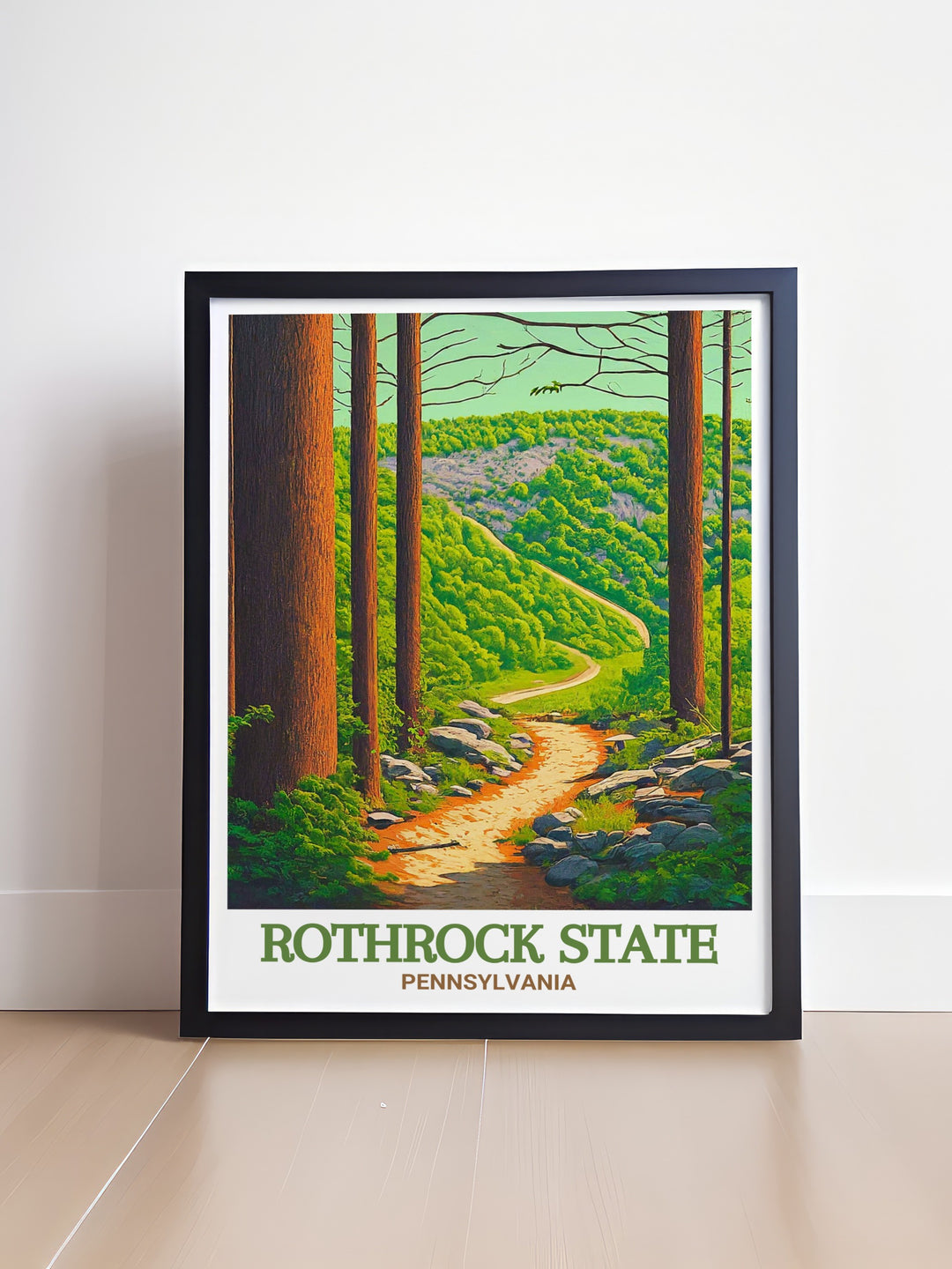 A captivating art print of Pennsylvanias Rothrock State Forest Trails, ideal for hikers and nature enthusiasts. This travel poster makes a beautiful home decor piece, adding serenity and adventure to any room.