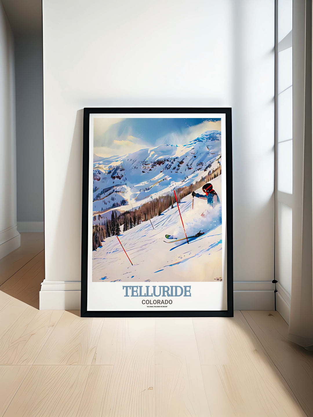 A travel print of Telluride Ski Resort, highlighting the ski slopes and picturesque village. This artwork is perfect for those who love winter sports and mountain landscapes, making it a great addition to any space.