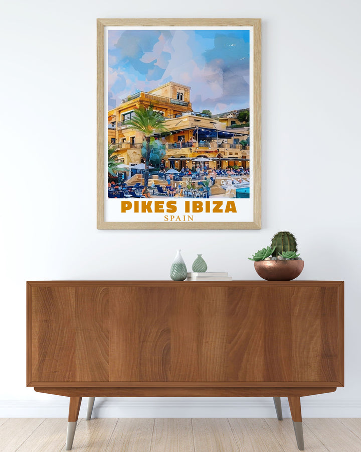 Celebrate Ibizas dynamic nightlife with our Pikes Ibiza Poster perfect for outdoor area stunning prints this print highlights Pikes Nightclub and other iconic spots like Space Ibiza and Amnesia Ibiza