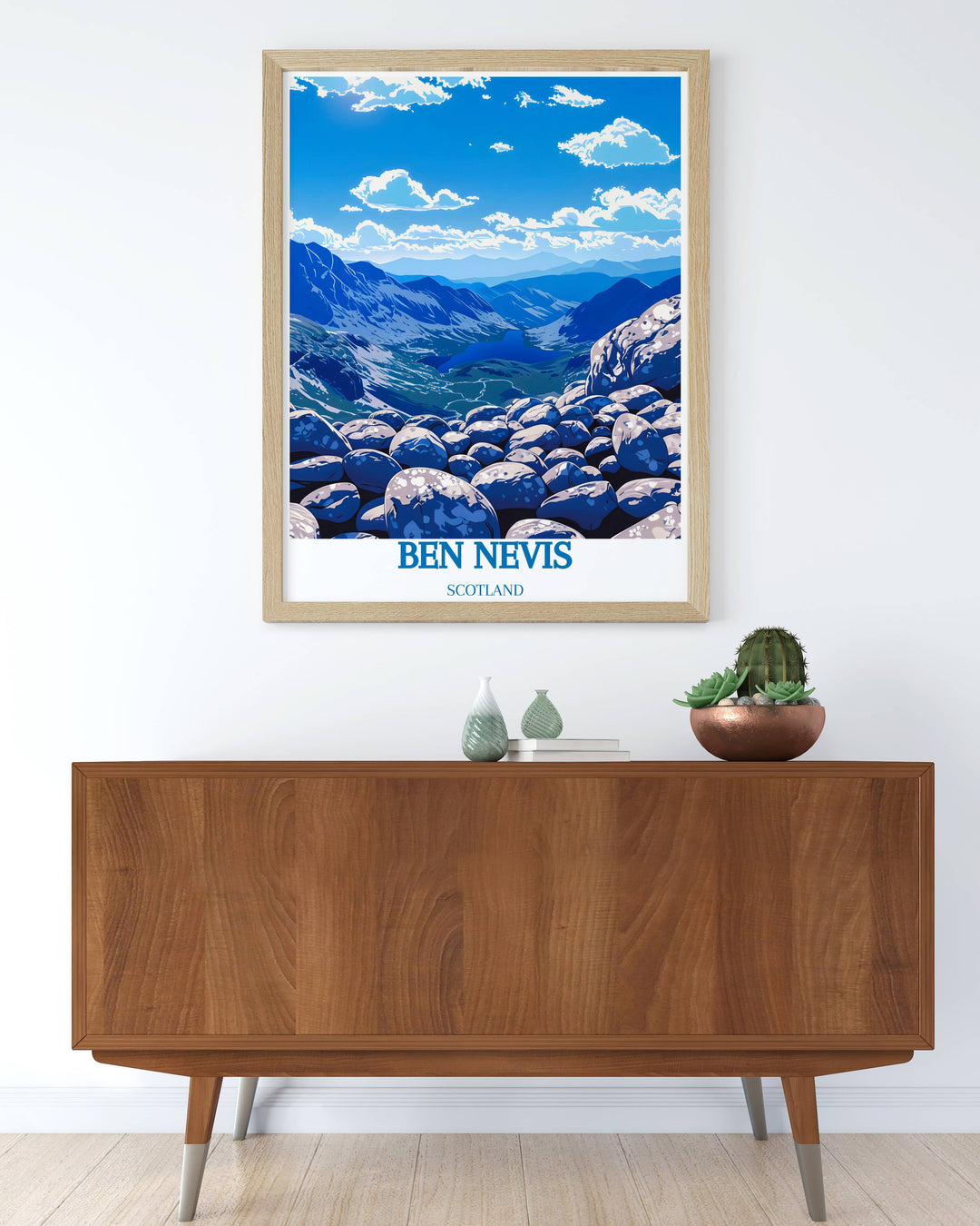 Twilight at Ben Nevis summit travel poster, with deep blues and purples casting a mystical glow over the mountain