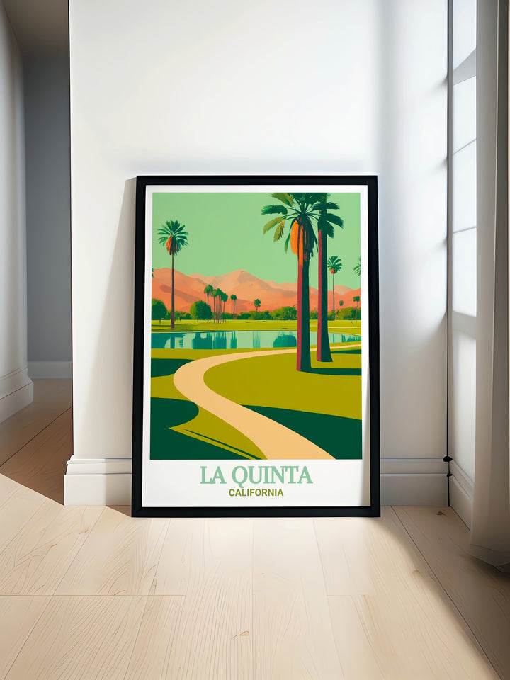 Civic Center Park in La Quinta, California, captured in a detailed art print. The lush greenery and calming fountains offer a sense of peace, perfect for adding to your living space. This La Quinta travel print brings the beauty of the outdoors to your home, ideal for nature enthusiasts.