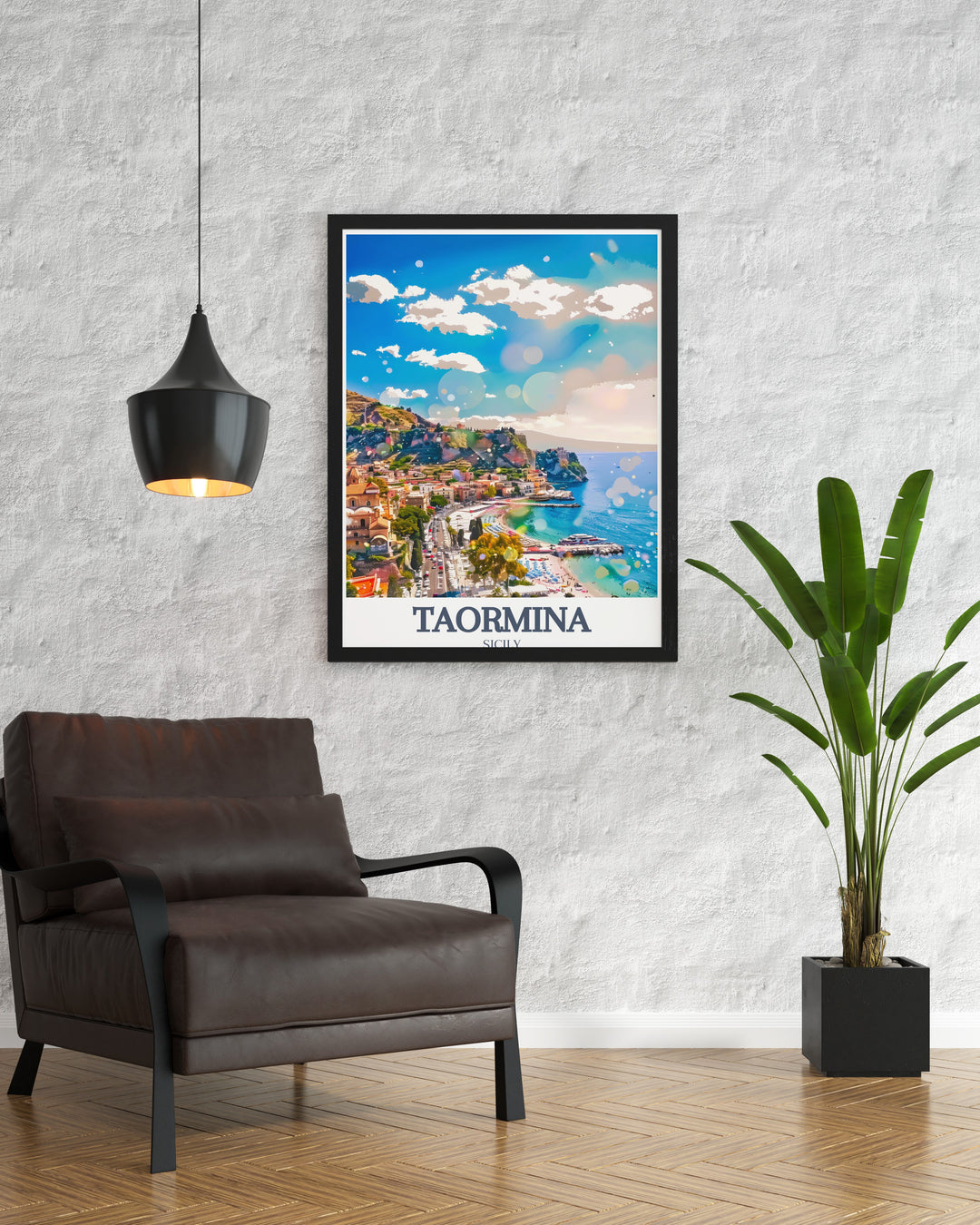 Italy poster with Taormina Beach and Isola Bella. This modern print features the scenic beauty of Taorminas beach and the elegant Isola Bella. Adds a touch of Italian sophistication to any room. Ideal for home decor and travel gifts.