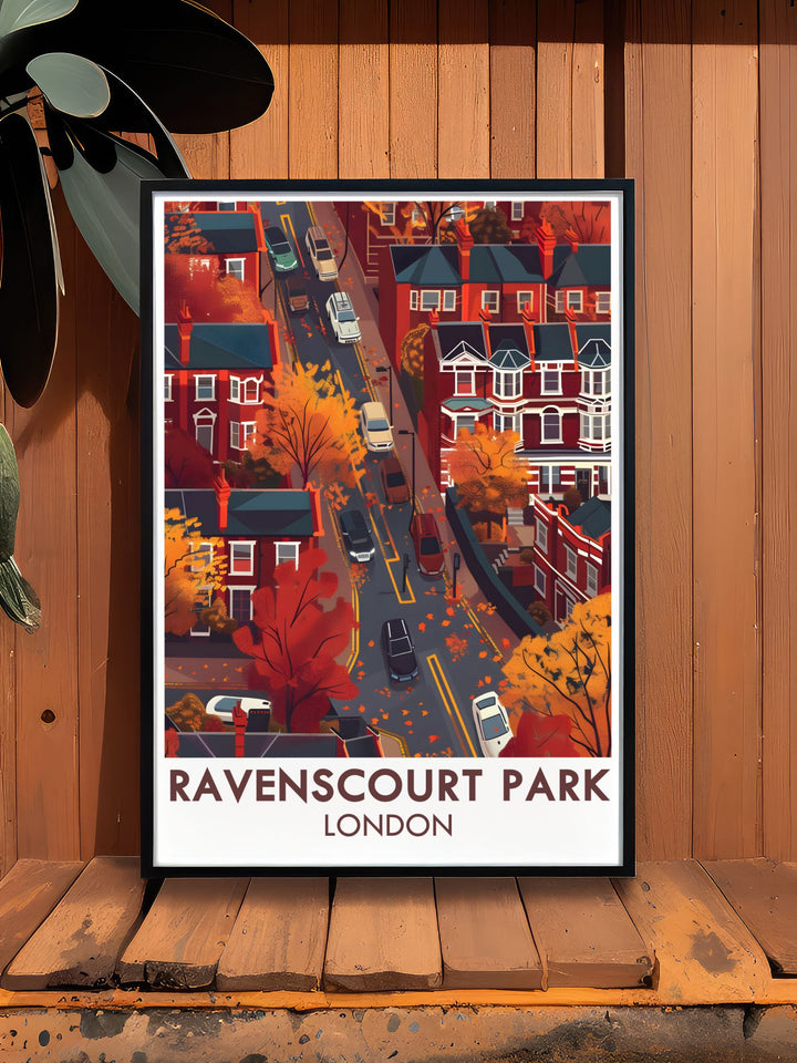 Ravenscourt Park Residentials Artwork showcasing the peaceful park with lush vegetation and iconic trees. This London Travel Print is perfect for enhancing your home decor with a serene and picturesque touch.
