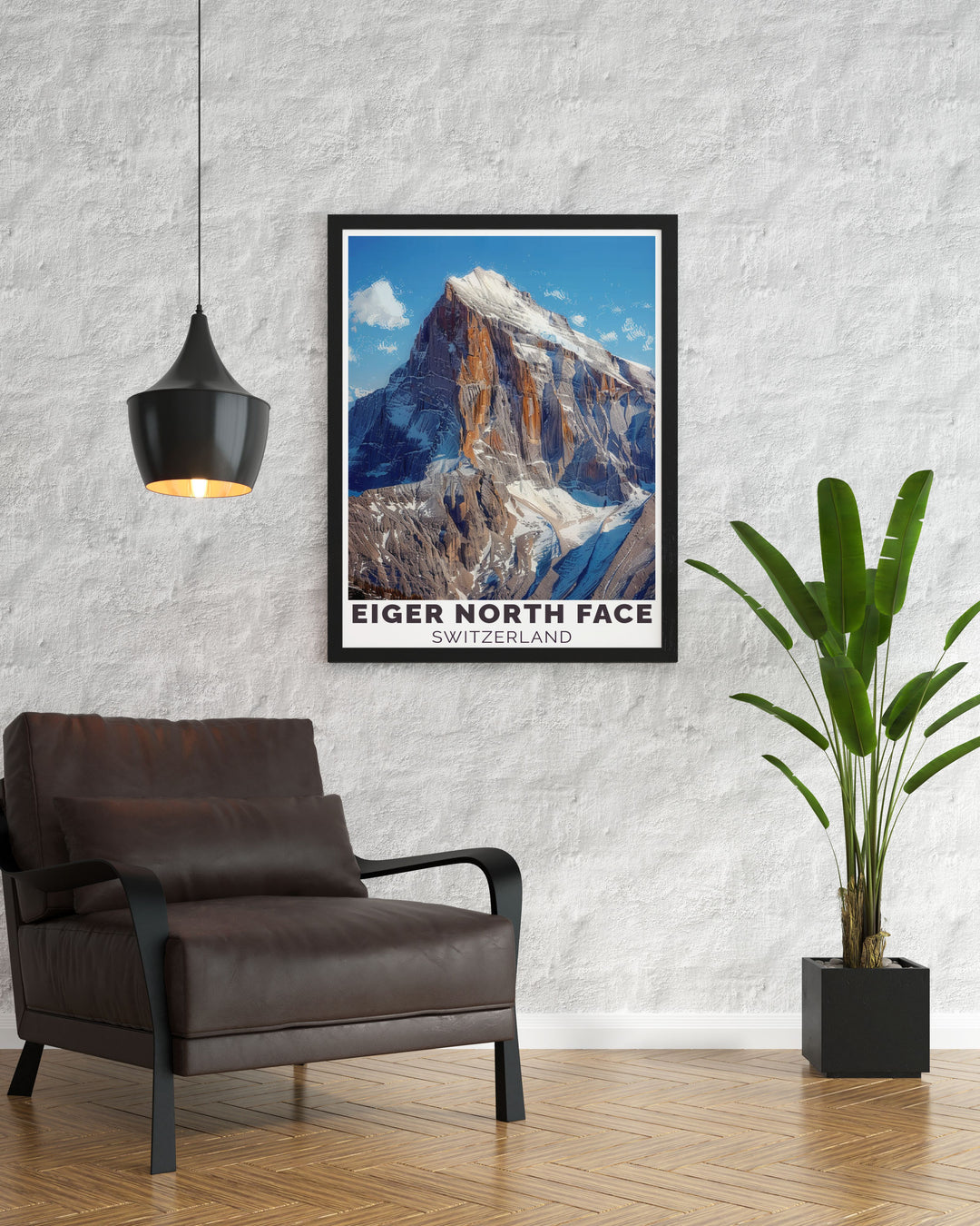 Retro travel poster of the Eiger highlighting the mountains rugged beauty and the charming valley of Grindelwald a perfect piece for those who appreciate vintage aesthetics and the timeless appeal of Switzerlands iconic landscapes.