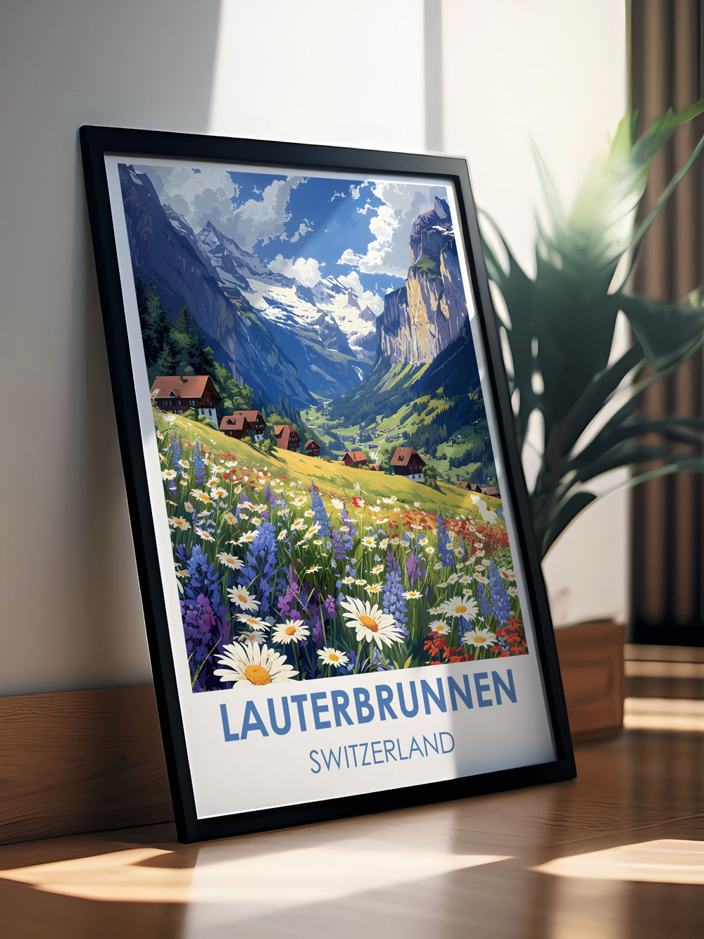 Lauterbrunnen Valley Modern Print showcasing the scenic beauty of Swiss waterfalls and fall foliage creating elegant home decor and stylish wall art