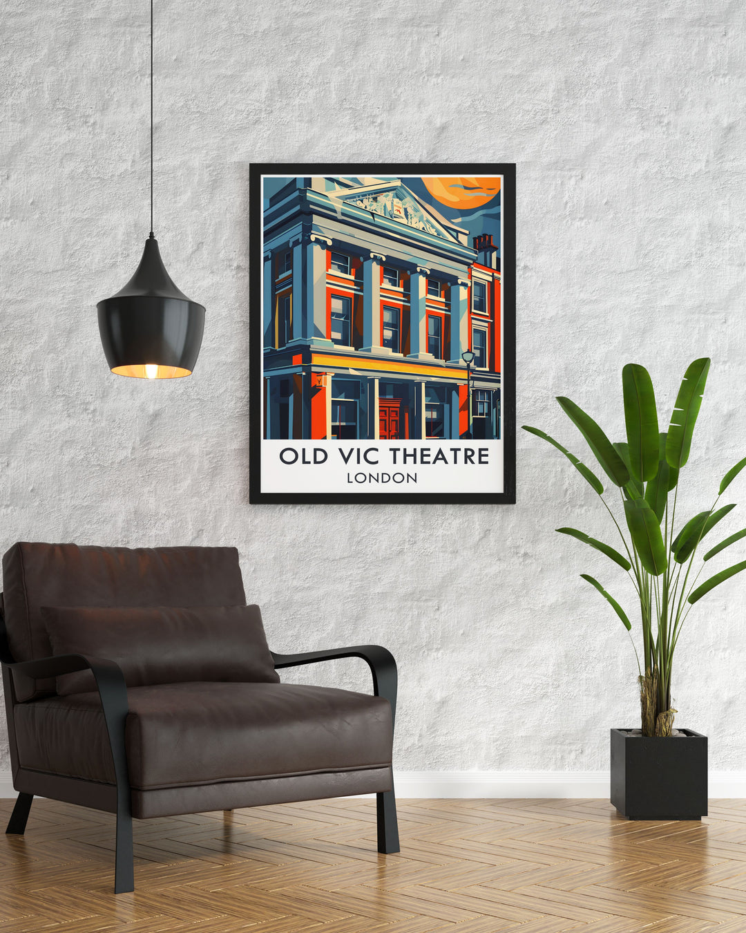 The Old Vics stunning exterior is the focal point of this art deco travel poster, bringing together vintage design and modern flair. Whether for your home or office, this London print adds a touch of culture and sophistication, celebrating one of the citys greatest landmarks.