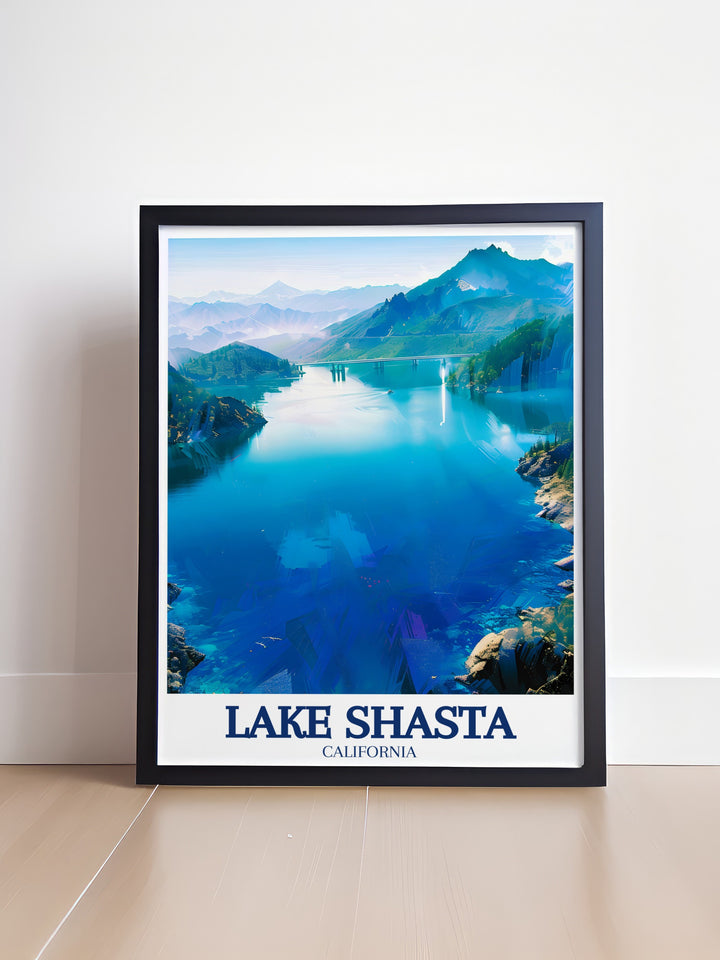 A detailed poster print of Lake Shasta, featuring the tranquil waters and surrounding mountain ranges. Perfect for nature lovers, this artwork brings the beauty of Northern California into your home decor. The vibrant colors and serene imagery capture the essence of Lake Shasta, making it a must have for California art enthusiasts.