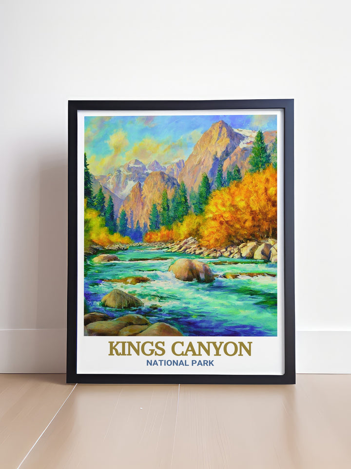 Kings Canyon National Park travel art highlighting the dramatic scenery of the Kings River and its surroundings. This canvas print brings the majesty of the outdoors into your home, making it a stunning addition to any room.