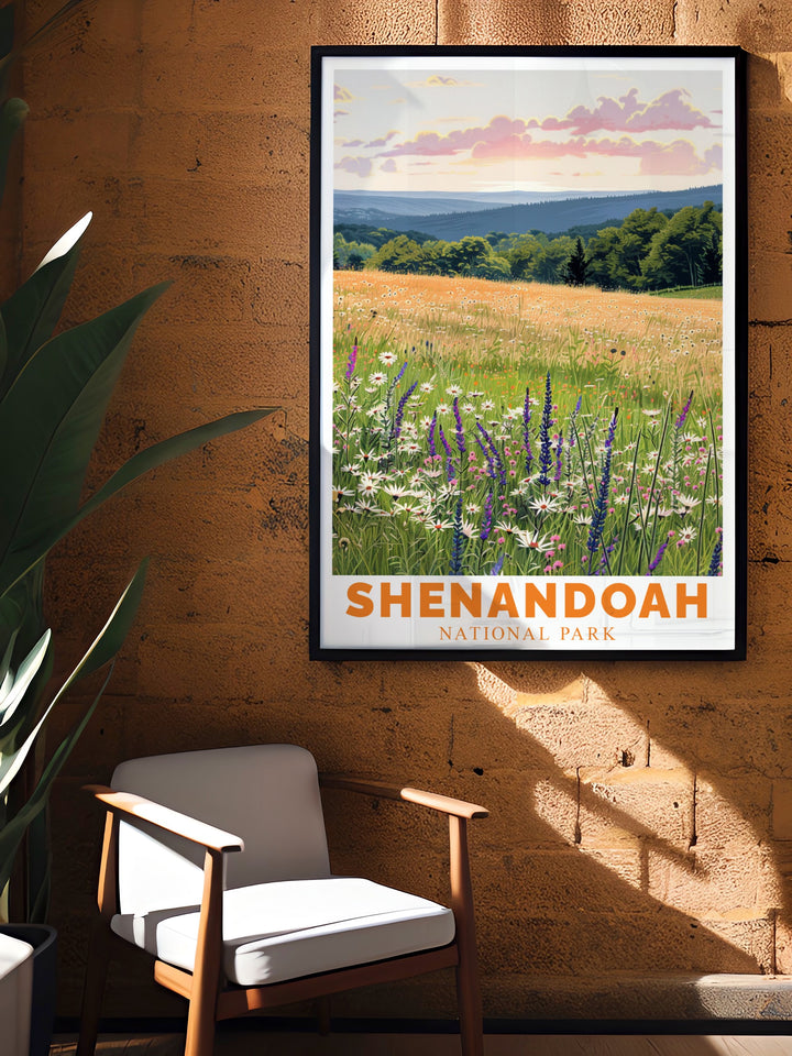 Celebrate the beauty of Shenandoah National Park with this travel poster featuring the stunning Big Meadows. Ideal for anyone who loves nature, this artwork adds a peaceful and natural touch to any room.