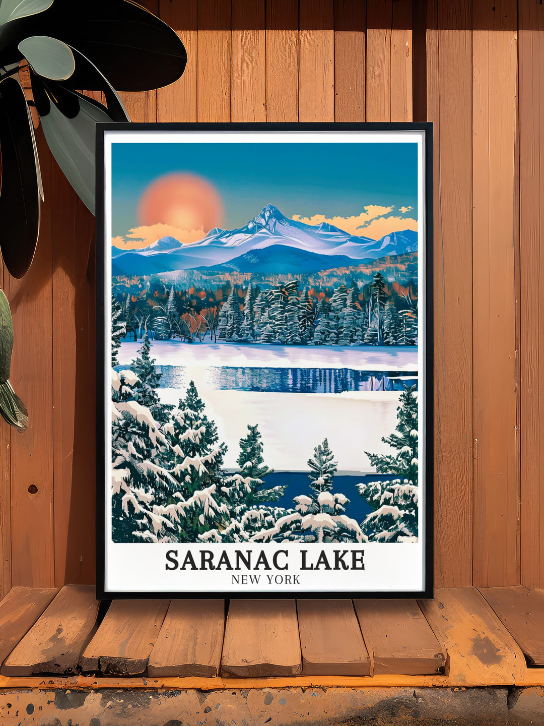 Celebrate the stunning landscapes of New York State with this Saranac Lake poster Featuring Mount Baker and Adirondack Mountains this elegant print is ideal for adding a nature inspired decor piece to any living space or office